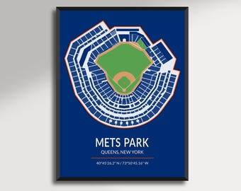 May include: A framed print featuring a detailed, top-down view of Citi Field, home of the New York Mets. The stadium is depicted in white and orange against a deep blue background. Text at the bottom reads "METS PARK, QUEENS, NEW YORK".