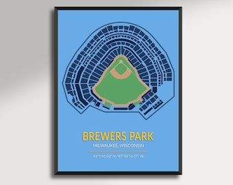 May include: A framed print of Brewers Park, Milwaukee, Wisconsin, in a top-down view. The stadium is depicted in blue and green, with the text "BREWERS PARK" in gold lettering. Coordinates are also included.