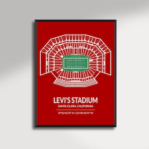 May include: A framed print featuring a white architectural illustration of Levi's Stadium on a red background. The stadium's field is green. Text at the bottom reads "LEVI'S STADIUM SANTA CLARA, CALIFORNIA" and coordinates.