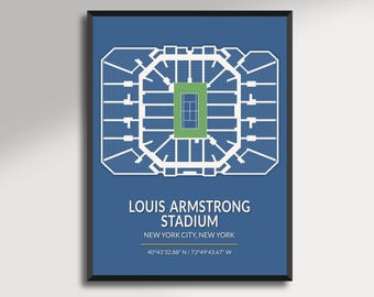 May include: A framed print featuring a detailed architectural layout of the Louis Armstrong Stadium in New York City. The stadium is depicted in white against a blue background, with a green tennis court at its center. Text includes the stadium name and location.