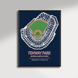 Pode incluir: Uma impressão emoldurada com uma vista aérea detalhada do Fenway Park, o estádio de beisebol em Boston. O layout do estádio é renderizado em linhas brancas sobre um fundo azul marinho, com o campo verde e marrom. Texto: "FENWAY PARK" e coordenadas.