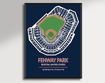 May include: A framed print featuring a detailed overhead view of Fenway Park, the iconic baseball stadium in Boston. The stadium's layout is rendered in white lines against a deep navy blue background, with the field in green and brown. Text includes "FENWAY PARK" and coordinates.