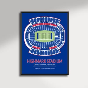 Peut inclure: Une affiche encadrée représentant une vue aérienne détaillée du Highmark Stadium à Orchard Park, New York. Le stade est illustré en blanc, rouge et bleu sur un fond bleu. Le texte en bas indique "HIGHMARK STADIUM" et les coordonnées.