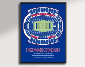 May include: A framed print featuring a detailed top-down view of Highmark Stadium in Orchard Park, New York. The stadium is depicted in white, red, and blue against a blue background. Text at the bottom reads "HIGHMARK STADIUM" and coordinates.