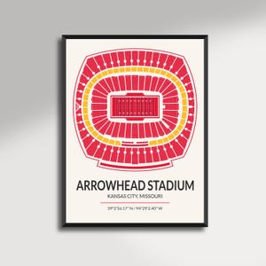 Könnte beinhalten: Ein gerahmter Druck mit einer Draufsicht auf das Arrowhead Stadium in Kansas City, Missouri. Das Stadion ist in Rot und Gelb dargestellt, mit dem Spielfeld in der Mitte. Der Text "ARROWHEAD STADIUM" und Koordinaten sind darunter.