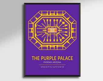 May include: A framed print featuring a detailed yellow architectural floor plan of a sports arena on a purple background. The text "THE PURPLE PALACE" is displayed, along with the location "PHOENIX, ARIZONA" and coordinates.