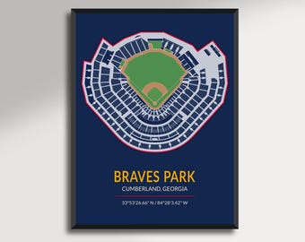 May include: A framed print featuring a top-down view of a baseball stadium, with a green field and seating areas. The text "BRAVES PARK, CUMBERLAND, GEORGIA" is displayed below the stadium illustration, along with the coordinates 33°53'26.66" N/84°28'3.42" W.