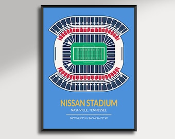 May include: A framed print of Nissan Stadium in Nashville, Tennessee. The stadium is depicted in a top-down view with a green field, red seating, and white structural details. The text "NISSAN STADIUM" and location coordinates are displayed.