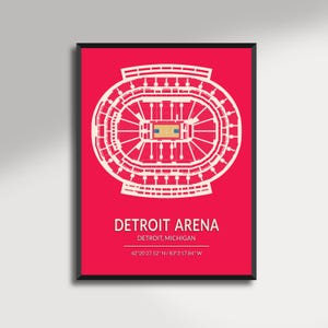 Op de afbeelding: Een ingelijste print met een gedetailleerde architectonische plattegrond van de Detroit Arena, in wit op een levendige rode achtergrond. De tekst "DETROIT ARENA" staat prominent, samen met de stad en coördinaten.