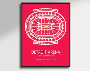 May include: A framed print featuring a detailed architectural layout of the Detroit Arena, rendered in white against a vibrant red background. The text "DETROIT ARENA" is displayed prominently, along with the city and coordinates.