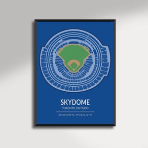 Op de afbeelding: Een ingelijste print met een gedetailleerd bovenaanzicht van het SkyDome-stadion in Toronto, Ontario, tegen een blauwe achtergrond. De zitplaatsen en het veld van het stadion zijn afgebeeld in lichtblauw, groen en bruin. De tekst "SKYDOME, TORONTO, ONTARIO" is zichtbaar.