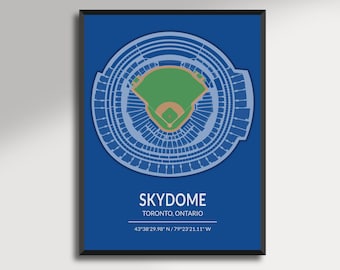 May include: A framed print featuring a detailed, top-down view of the SkyDome stadium in Toronto, Ontario, against a blue background. The stadium's seating and field are depicted in light blue, green, and tan. The text "SKYDOME, TORONTO, ONTARIO" is displayed.