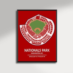 May include: A framed print showing a detailed, stylized map of Nationals Park in Washington, D.C. The stadium is in red and white against a red background. The text "NATIONALS PARK WASHINGTON, D.C." is displayed below the stadium illustration.