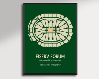 May include: A framed print featuring a detailed architectural layout of the Fiserv Forum in Milwaukee, Wisconsin. The arena's design is rendered in beige against a dark green background. Text includes the arena's name and coordinates.