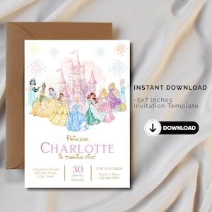 May include: A princess-themed invitation template with a watercolor castle and several princesses. The invitation is for Charlotte's fifth birthday, with event details and a download button. The invitation is 5x7 inches.