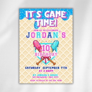 Baseball Drip Invite, Editable Birthday Party Template, Digital Download, Fun Ice Cream Sports Invite, Canva Design