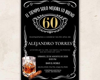 60歳の誕生日招待状（スペイン語）、編集可能なデジタルテンプレート、印刷可能なフィエスタ招待状、編集可能な男性向けフィエスタテンプレート