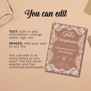 Peut inclure: Une invitation d'anniversaire marron avec des d&eacute;tails floraux blancs, avec le texte "Feliz Cumplea&ntilde;os" et les d&eacute;tails d'une c&eacute;l&eacute;bration du 50e anniversaire. L'invitation comprend des champs de texte modifiables et le texte "You can edit".