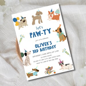 May include: A rectangular birthday invitation card featuring illustrations of various dog breeds wearing party hats. The text reads: let's PAW-TY join us to celebrate OLIVER'S 3RD BIRTHDAY SATURDAY | JUNE 28TH | AT 2 PM OLIVER'S HOUSE 123 ANY ST, ANY CITY, ANY STATE 12345 RSVP TO LIAM AT 555-456-7890.
