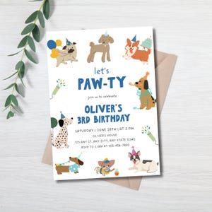 May include: A white birthday invitation card featuring colorful illustrations of various dog breeds wearing party hats. The text reads: let's PAW-TY join us to celebrate OLIVER'S 3RD BIRTHDAY SATURDAY | JUNE 28TH | AT 2 PM OLIVER'S HOUSE 123 ANY ST, ANY CITY, ANY STATE 12345 RSVP TO LIAM AT 555-456-7890.