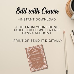 Peut inclure: Une invitation num&eacute;rique avec le texte "Edit with Canva" et "Feliz Cumplea&ntilde;os" dans une police d&eacute;corative. L'invitation est de couleur terre cuite avec des accents floraux blancs et comprend le texte "Marianela Camere's 50th Birthday".