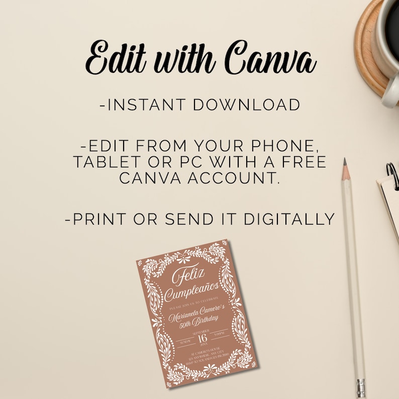 Peut inclure: Une invitation num&eacute;rique avec le texte "Edit with Canva" et "Feliz Cumplea&ntilde;os" dans une police d&eacute;corative. L'invitation est de couleur terre cuite avec des accents floraux blancs et comprend le texte "Marianela Camere's 50th Birthday".