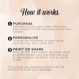 May include: An infographic titled "How it works" with three steps: Purchase, Personalize, and Print or Share. The text explains how to access, customize, and use the product, with a call to action to send a message for questions. The background is a soft, blurred peach color.