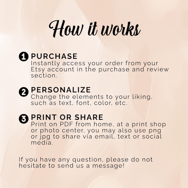 May include: An infographic titled "How it works" with three steps: Purchase, Personalize, and Print or Share. The text explains how to access, customize, and use the product, with a call to action to send a message for questions. The background is a soft, blurred peach color.