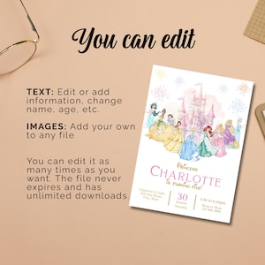 May include: A customizable invitation with a princess theme. The invitation features a castle illustration and several princess characters. Text on the invitation reads "Princess Charlotte is Turning Five!" and includes editable fields for event details.