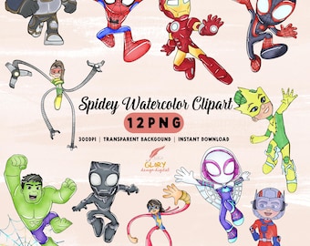 Spidey Watercolor Clipart, Superhero PNG, Digital Download, Cute Spider Art, Instant Clip Art for Kids