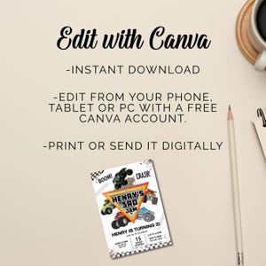 May include: A party invitation with a monster truck theme. The invitation features a triangular design with the text "HENRY'S 3RD JAM" and illustrations of monster trucks. The invitation also includes the text "Edit with Canva".