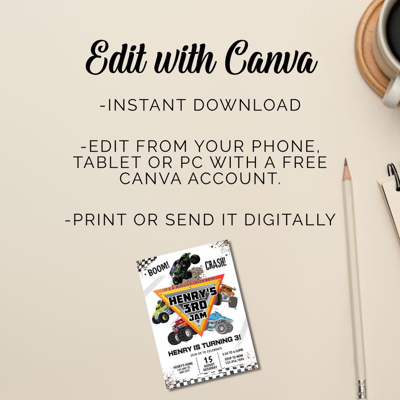 May include: A party invitation with a monster truck theme. The invitation features a triangular design with the text "HENRY'S 3RD JAM" and illustrations of monster trucks. The invitation also includes the text "Edit with Canva".