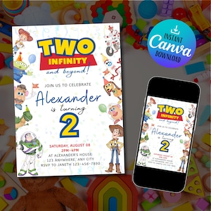 Two Infinity and Beyond Birthday Invitation, Editable Digital Template for Kids 2nd Birthday Party Invite