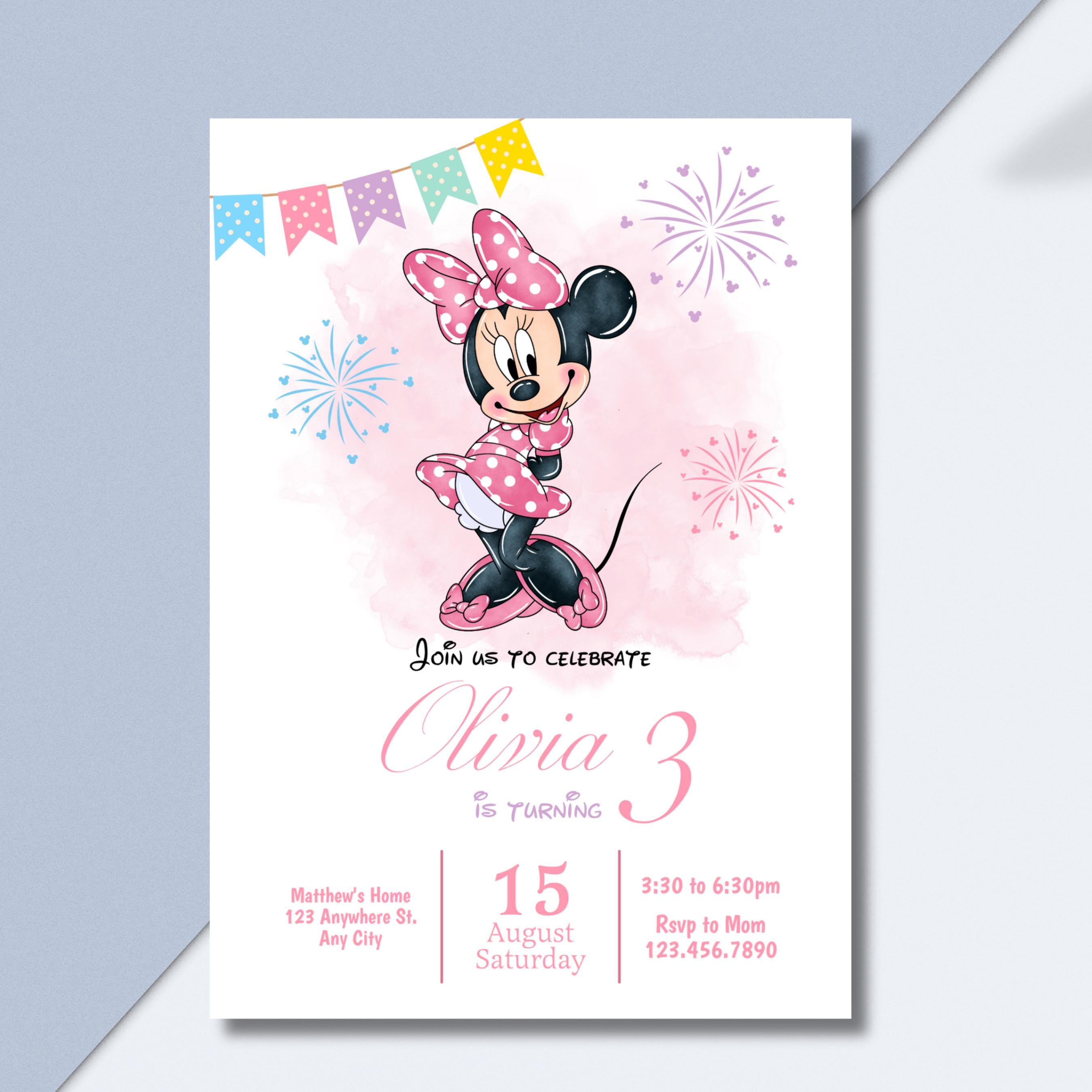 Pink Minnie Mouse Birthday Invitation, Editable Watercolor Birthday ...