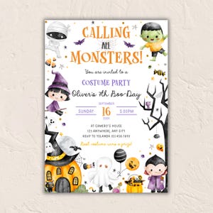 Puede incluir: Una invitación para una fiesta de Halloween con ilustraciones en acuarela de una momia, un monstruo verde, una bruja, un fantasma y un vampiro. El texto dice Calling All Monsters, Costume Party, Oliver's 7th Boo-Day, domingo 16 de septiembre.