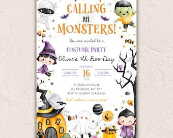 Cute Monsters Halloween Invite • Spooky Kid Costume Party • Boy Halloween Bash • Editable Canva Template