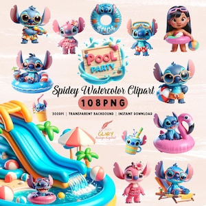 Puede incluir: Una colección de imágenes prediseñadas de acuarela con el personaje Stitch en varias poses. Las imágenes incluyen a Stitch con gafas de sol, una pistola de agua y un balón de playa. También hay un letrero de fiesta en la piscina y un tobogán acuático.