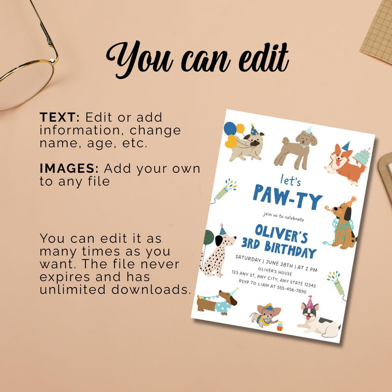 May include: A digital birthday invitation template featuring colorful illustrations of various dog breeds wearing party hats. The text reads: let's PAW-TY, join us to celebrate, OLIVER'S 3RD BIRTHDAY, SATURDAY | JUNE 28TH | AT 2 PM, OLIVER'S HOUSE, 123 ANY ST, ANY CITY, ANY STATE 12345, RSVP TO LIAM AT 555-456-7890.