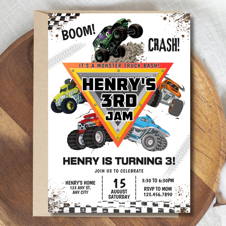 May include: A party invitation with a monster truck theme. The invitation features colorful monster truck illustrations, the text "HENRY'S 3RD JAM," and event details. The background is a mix of white and brown.