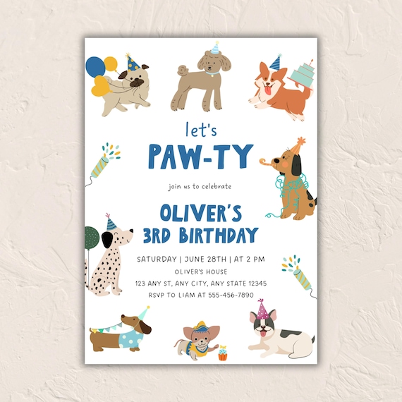 Dog Birthday Invite, Let’s Pawty Invite, Calling Party Animal, Puppy Dog Birthday, Dog Party Theme, Kids Invite Any Age