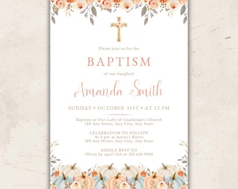 Fall Pumpkin Baptism Invitation • Pink Girl Christening • Editable Floral Holy Day Template