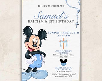 Mickey Baptism Invitation • Watercolor Christening Boy • Mickey Mouse First Birthday Digital Template