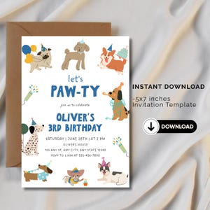 May include: A 5x7 inches birthday invitation template featuring illustrations of various dog breeds wearing party hats. The text reads: let's PAW-TY, join us to celebrate, OLIVER'S 3RD BIRTHDAY, SATURDAY | JUNE 28TH | AT 2 PM, OLIVER'S HOUSE, 123 ANY ST.