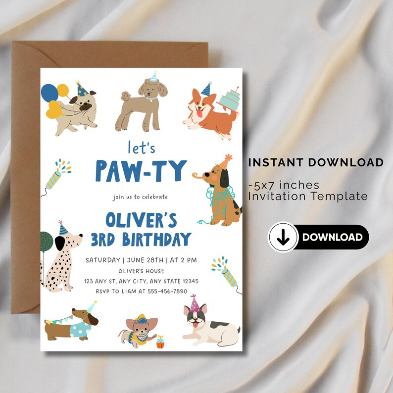 May include: A 5x7 inches birthday invitation template featuring illustrations of various dog breeds wearing party hats. The text reads: let's PAW-TY, join us to celebrate, OLIVER'S 3RD BIRTHDAY, SATURDAY | JUNE 28TH | AT 2 PM, OLIVER'S HOUSE, 123 ANY ST.