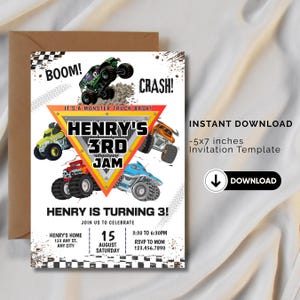 May include: A printable invitation template for a monster truck-themed birthday party. The design features colorful monster trucks, the text "HENRY'S 3RD JAM," and party details. The invitation is 5x7 inches and includes a download button.