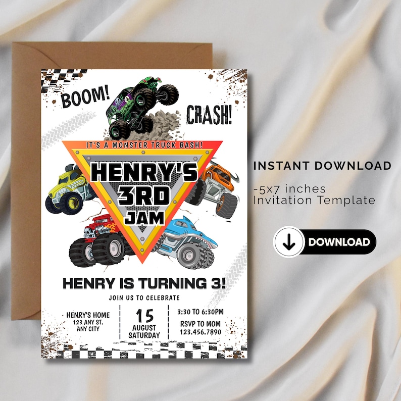 May include: A printable invitation template for a monster truck-themed birthday party. The design features colorful monster trucks, the text "HENRY'S 3RD JAM," and party details. The invitation is 5x7 inches and includes a download button.