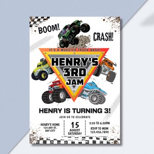 May include: A white invitation card with a monster truck theme. The card features colorful monster trucks, the text "BOOM!" and "CRASH!", and the words "HENRY'S 3RD JAM". It also includes party details.