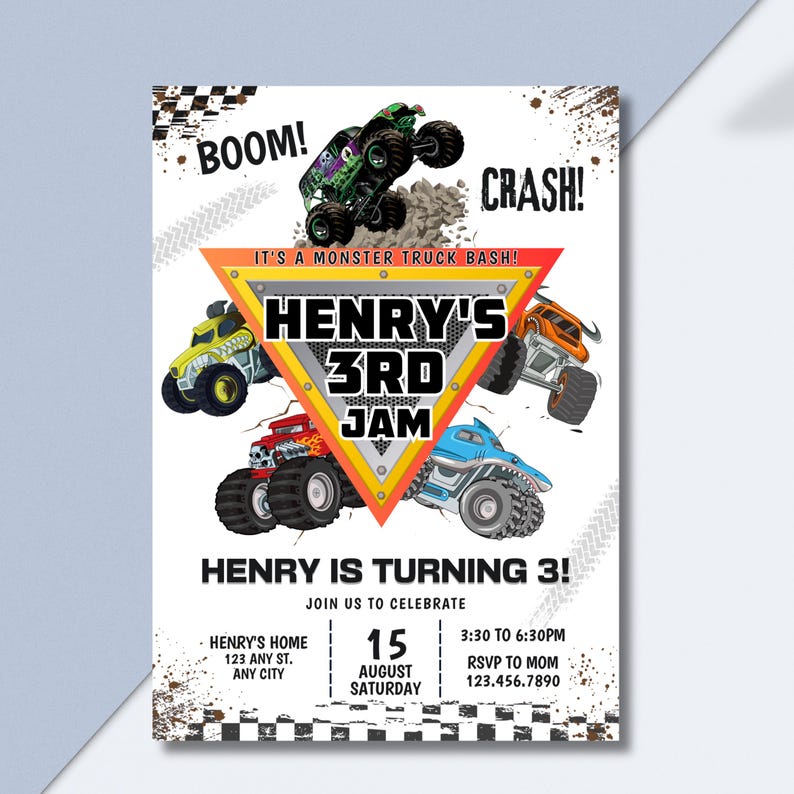May include: A white invitation card with a monster truck theme. The card features colorful monster trucks, the text "BOOM!" and "CRASH!", and the words "HENRY'S 3RD JAM". It also includes party details.