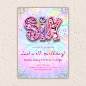 Rainbow 6th Birthday Invitation, Girl Birthday Party Invite, Editable Glitter Sequin Template, Printable Rainbow Invite, Digital Download