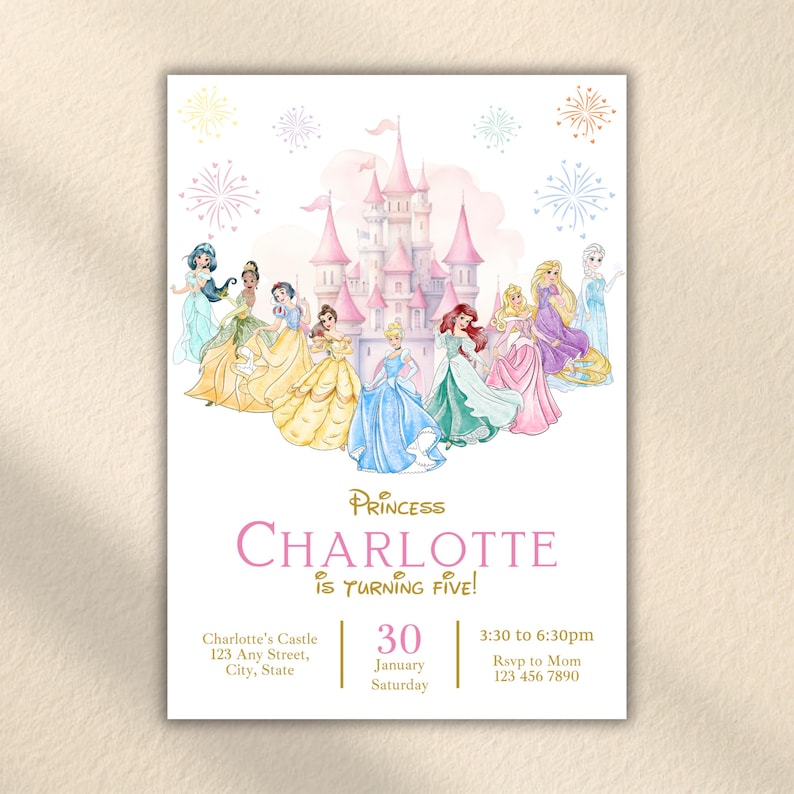 Watercolor Princess Birthday Invitation, Editable Girls Party Invite, Printable Template, Digital Download image 1